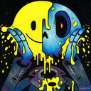 Illustration of a blue skeleton character wearing a leather jacket and holding his head in his hands. Half of the skull is covered in a yellow goop with a smiley face.