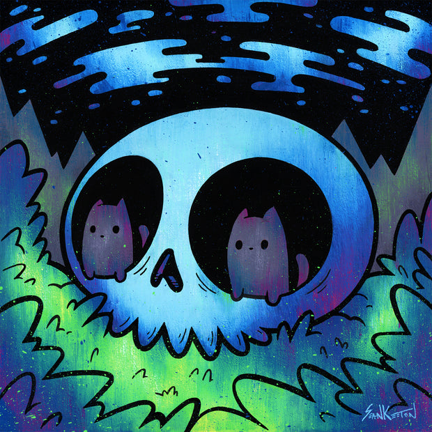 Painting done in primarily blue, green and black of a large cartoon skull on a grassy floor. 2 small kittens appear within the skulls empty eye sockets.