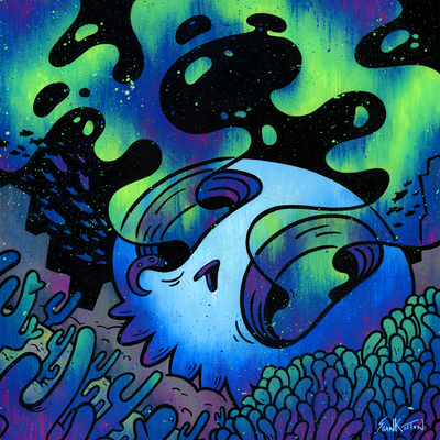 Painting with bright blue, green and purple color palette. A cartoon style skull rests on the sea floor, surrounded by sea flora. A cloud of green and blue smoke comes out of its eyes.