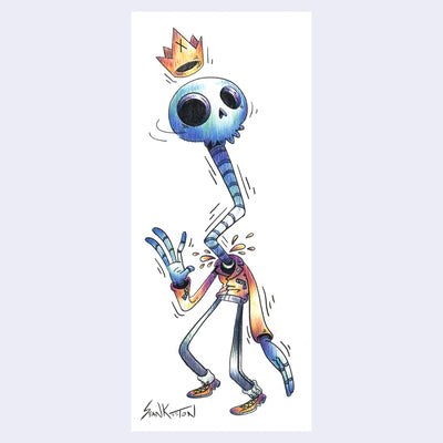 Colored pencil drawing of a skeleton with a very long neck and a crown atop his head.