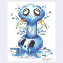Colored pencil drawing of a blue crying skull with a rain cloud above it.