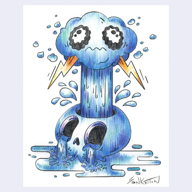 Colored pencil drawing of a blue crying skull with a rain cloud above it.