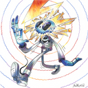 Colored pencil drawing of a blue skeleton wearing cuffed jeans and a leather jacket, getting hit in the head by a bolt of orange lightning.