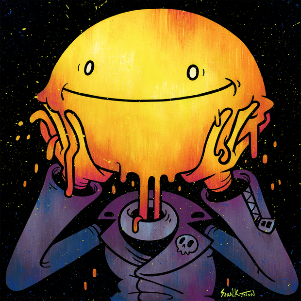 Painting of a cartoon style yellow melting smiley face. Its hands hold up its head and yellow drops drip on its leather jacket. Background is black with yellow splatters.