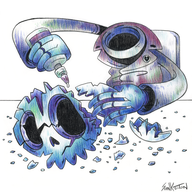 Colored pencil drawing of a skeleton without its head, piecing back together a broken skull in front of it with glue.