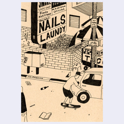 Cartoon-style illustration of a man on a skateboard next to a car parked on an urban street with litter and a large shopping center sign for a laundry mat, nail salon and food shops.