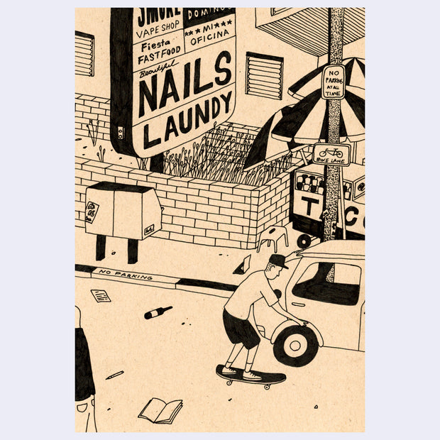 Cartoon-style illustration of a man on a skateboard next to a car parked on an urban street with litter and a large shopping center sign for a laundry mat, nail salon and food shops.