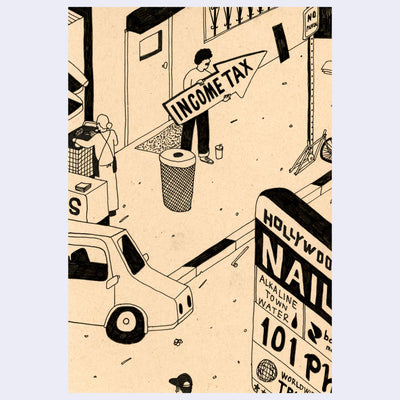 Illustration of a street scene with a person holding an advertising sign that says "income tax". In the foreground is a shopping mall sign for a nail salon, water station and video store.