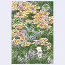 Ink and watercolor illustration of a small cartoon skeleton with headphones on, sitting in a grassy field. Yellow and pink floral elements come out of the headphones.