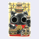 Ink and watercolor illustration of a black maneki figure with large cartoon eyes and a couple burgers stacked atop its head and around its body.