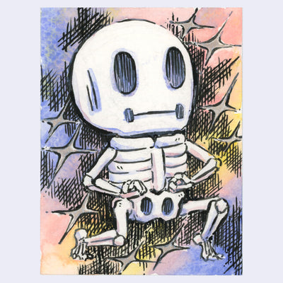 Watercolor illustration of a small cartoon skeleton with a large head on a colorful background.