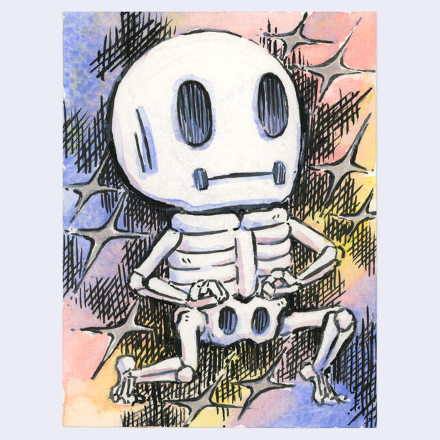Watercolor illustration of a small cartoon skeleton with a large head on a colorful background.