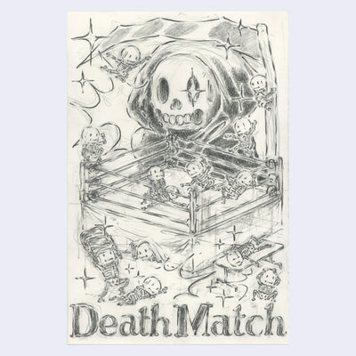 Graphite illustration of many skeleton fighting in a boxing ring, with a giant Grim Reaper presiding over.