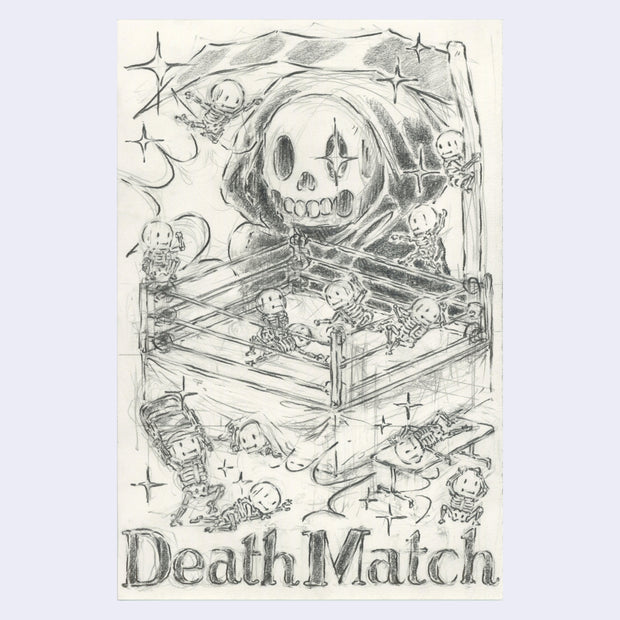 Graphite illustration of many skeleton fighting in a boxing ring, with a giant Grim Reaper presiding over.