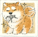 Painting of a cute, fluffy Shiba Inu puppy with a small cartoon skeleton in its mouth, like its holding a bone. 