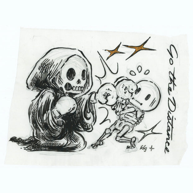 Ink illustration of a small cartoon skeleton boxing with the Grim Reaper.