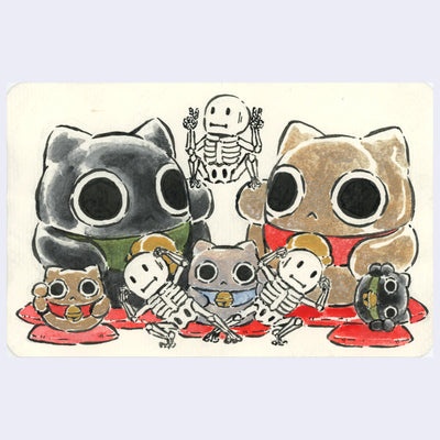 Watercolor illustration of several maneki cats, with small cartoon skeletons around them.