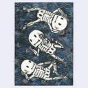Illustration of 3 cartoon skeletons floating in waves.