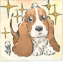 Watercolor painting of a cute Basset Hound puppy dog with a large head and large, cute eyes that sparkle. Around it are small cartoon skeletons, fawning over the puppy.
