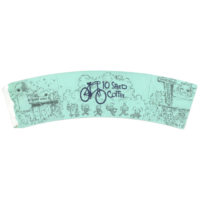 Illustration on a mint blue coffee cup sleeve for "10 Speed Coffee" of small skeleton characters walking from Giant Robot Store to GR2 Gallery.