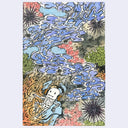 Ink and watercolor illustration of a small cartoon skeleton with headphones on, sitting undersea amongst many different coral and sea plants. Blue waterlike elements come out of the headphones.