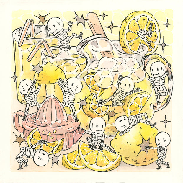 Ink and watercolor illustration of many small white skeleton characters, all working on making lemonade with lemons and dishware that is much larger than them. 