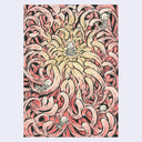 Ink and watercolor illustration of a close up of a yellow and pink chrysanthemum flower. Small, cute skeleton characters play around the scene.