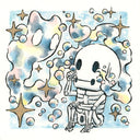 Ink and watercolor illustration of a small cartoon skeleton sitting with its knees pulled into its chest, crying. The tears are a string of colorful bubbles, with the largest bubble forming the shape of a ghostly cat.