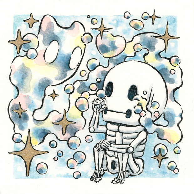 Ink and watercolor illustration of a small cartoon skeleton sitting with its knees pulled into its chest, crying. The tears are a string of colorful bubbles, with the largest bubble forming the shape of a ghostly cat.