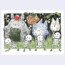 Illustration of small cartoon skeletons carrying onigiri shaped like characters from Totoro.