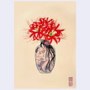 Illustration of a glass vase, with a woman sitting with her knees pulled to her chest within it, formed to the shape of it. Sprouting out the top are red spider lilies. 