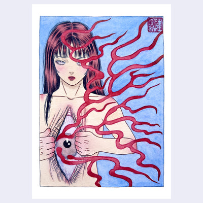 Artistic illustration of a woman with red hair standing nude, pulling her chest open and revealing a large eyeball. Red nerves come out of the eye, filling the rest of the image space.