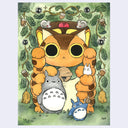 Watercolor painting of a cute Catbus, from My Neighbor Totoro, standing on its hind legs with many legs. It paw rests atop Totoro's head, with small chibi Totoro around the scene. Around are green leaves and acorns.