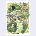 Ink and watercolor illustration of a green snake with its tail wrapped around a stem of yellow and white flowers. It has a silver rope tied in a bow around its neck with a gold bell. Small skeleton characters sit atop the snake.
