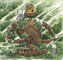 Ink and watercolor illustration of a brown rusted robot with a large chest, long limbs and a smaller head. It sits in the middle of the forest with light beams coming down through the trees. Small skeletons sit around it.