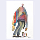 Watercolor sketch on white paper of a tall person wearing a colorful sweater. He has a tiny smiley face head and 8 arms. Below, small characters walk in a line.