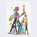 Watercolor sketch on white paper of several characters walking, the main one has a cardboard box for a head and holds a smaller person perched on his hand.