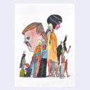 Watercolor sketch on white paper of several people, standing next to one another wearing work clothes. Behind, are 2 large portraits looking in opposite directions. One is of a mustached man and the other is of a woman.