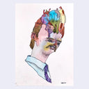 Watercolor sketch on white paper of a man with blonde hair and a mustache, wearing a blue shirt and purple tie. On his large forehead are many colorful cartoon characters sitting.
