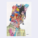 Watercolor sketch on white paper of a tan man wearing a green plaid shirt. All over his face are colorful cartoon characters, sitting and standing in various positions.