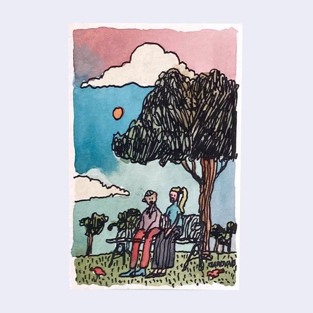 Ink and watercolor drawing of a couple sitting on a bench at sunset.