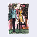 Ink and watercolor of a couple standing nervously next to one another, the woman in a yellow dress and the man in a blue button down.