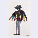 Ink and watercolor of a man standing with many, many arms. He wears a metal helmet with many colorful buttons.