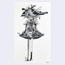 Black ink sketch on white paper of a woman in a short but elaborate dress with a very large hat that obstructs most of her face.