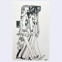 Ink drawing on cream colored paper of several people and robots walking together, with their legs overlapped.