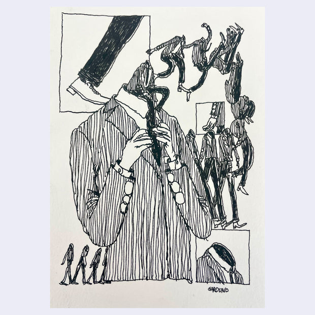 Ink drawing on cream colored paper of a person wearing a suit, tying their tie. Where their head should be are many smaller versions of itself, hopping out.