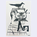 Ink drawing on cream colored paper of an owl, superimposed on top of someone's face, with an army style haircut and stubble.