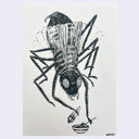 Ink drawing on cream colored paper of a giant fly, eating a small bowl of food with a spoon and holding a napkin.