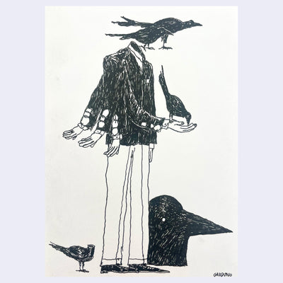 Ink drawing on cream colored paper of a person wearing a suit without a head. They hold out their arm and a crow sits in their hand, while more fly around.