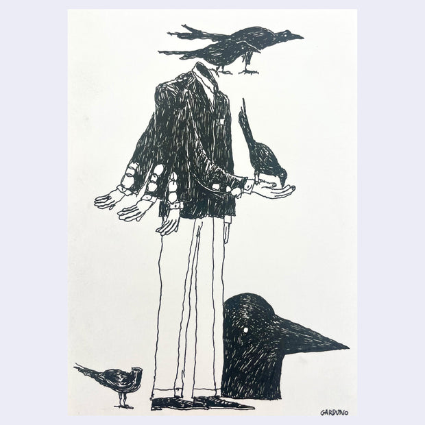 Ink drawing on cream colored paper of a person wearing a suit without a head. They hold out their arm and a crow sits in their hand, while more fly around.